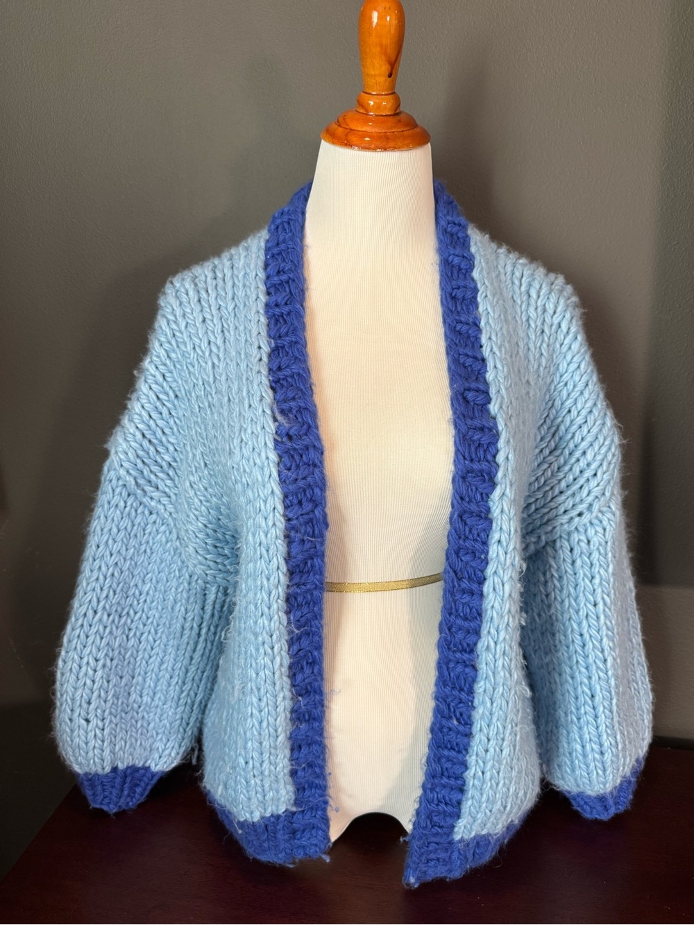 Princess Polly Light Blue Chunky Knit Cardigan with Royal Blue Trim